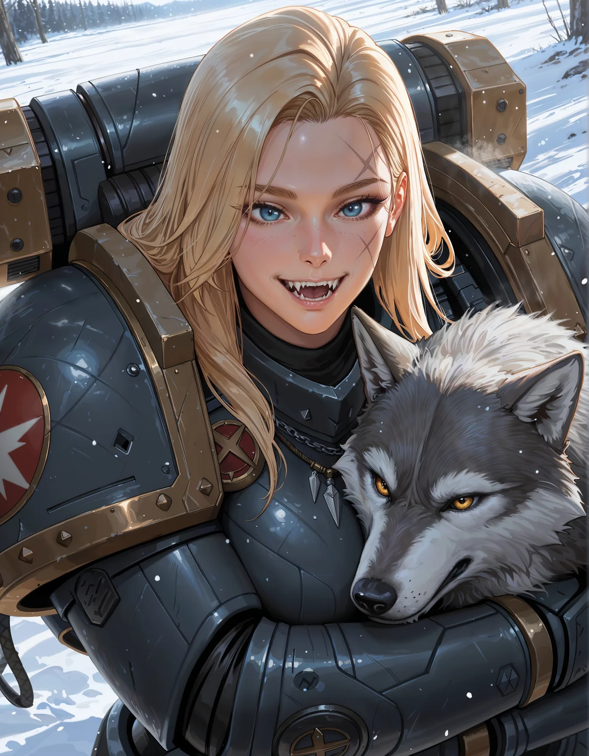 masterpiece, best quality,high quality, newest, highres,8K,HDR,absurdres, dynamic angle, realistic, 1girl, iLLemanR40K, solo, power armor, fangs, necklace, scar, snow, hugging a wolf, pet wolf, cute, close up, happy, <lora:iLLemanR40K:1>