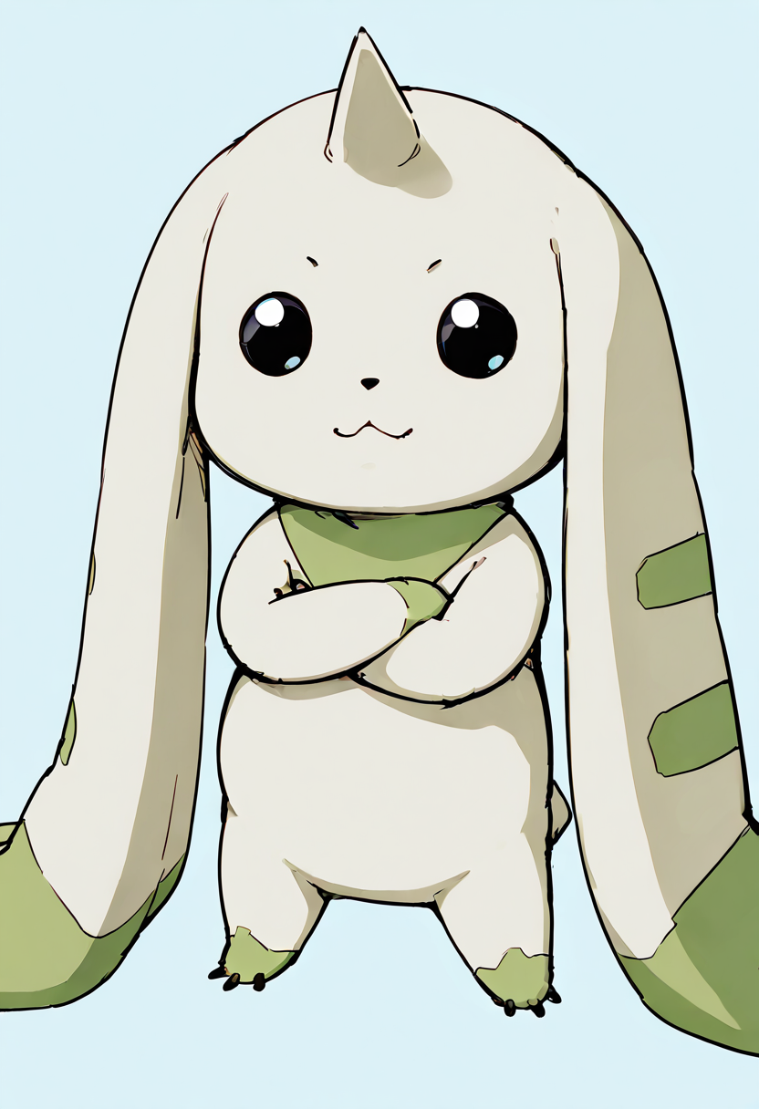 masterpiece, best quality, no humans,   ,<lora:TerriermonDigimon_IXL:1.0>,    zzTerriermon, looking at viewer, simple background, closed mouth, standing, full body, black eyes, :3, blue background, crossed arms, claws