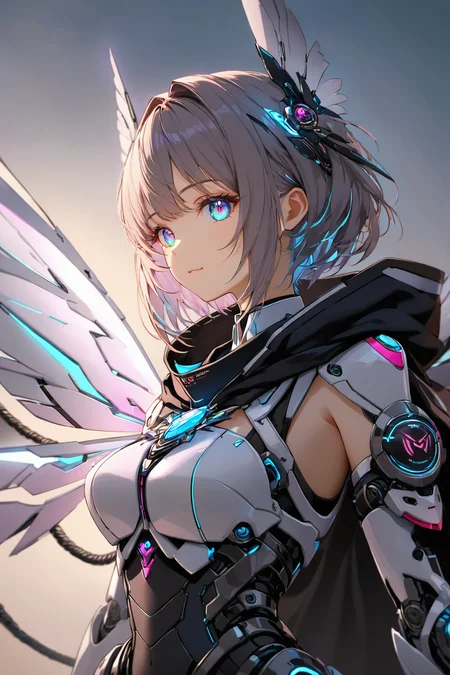 Jed-rbt, seraph, 1girl, cinematic angle, :3, looking at viewer, scifi hair ornaments, energy hair, brooch, sleeve, cape, mechanical wings, screws, cables, led lights, glowing, Futuristic, chromatic aberration, Kawaii, [(blue-white background:1.2)::0.2], (neon luminescence background:1.2), illustration, incredibly absurdres, ultra detailed, masterpiece, best quality,[<lora:detailed_notrigger:0.95>::0.5], [:<lora:detailed_hands:1.05>:0.5],<lora:RoboStyle:1>