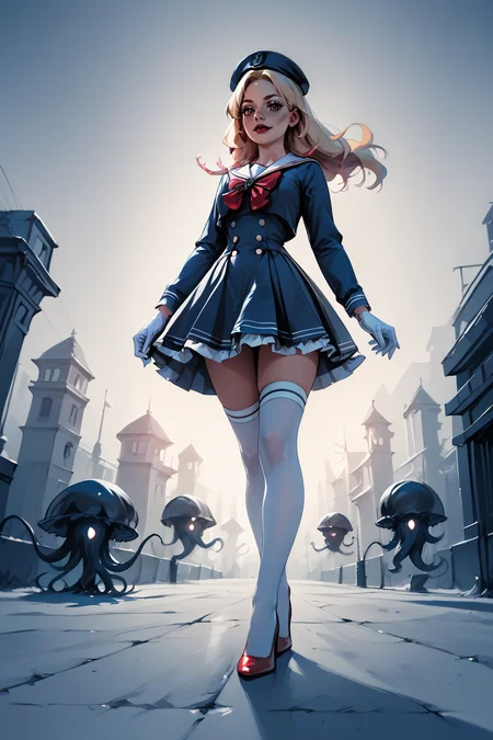 1woman, sexy, petite, skinny legs, long hair, blonde hair, <lora:Sailor:1> Jed-Salr, Navy Blue Mini Dress, White Trim, White Sailor Collar, Nautical Stripes, White Thigh-High Stockings, Red Heels, Sailor Hat, White Gloves, Sailor Cuffs, White Petticoat, walking on a coastline, viewer looking from below, upskirt,, score_9, score_8_up, score_7_up, score_6_up, score_5_up, score_4_up, <lora:K040790P:0.4> 040790P, woman, 24 years old, <lora:Breast Slider - Pony_alpha1.0_rank4_noxattn_last:1>, (tiny waist, flat stomach, narrow hips), <lora:Aesthetics_Enhancer_pony:0.8> EnhanceImage, <lora:GRIM_v1:1> greyscale, monochrome, limited palette, horror (theme), eldritch abomination, chaotic, silhouette,