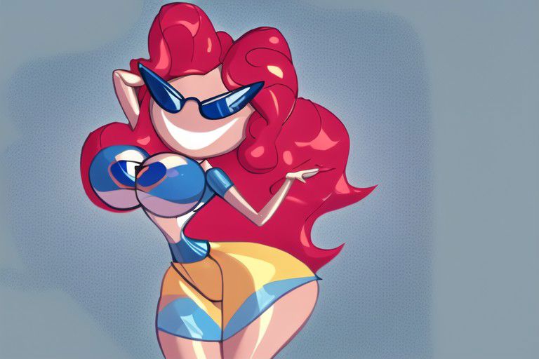 mlppinkiepie, shirt, skirt, sunnymiamitf, huge breasts, narrow waist, wide hips, Sunglasses, teeth, sunnification