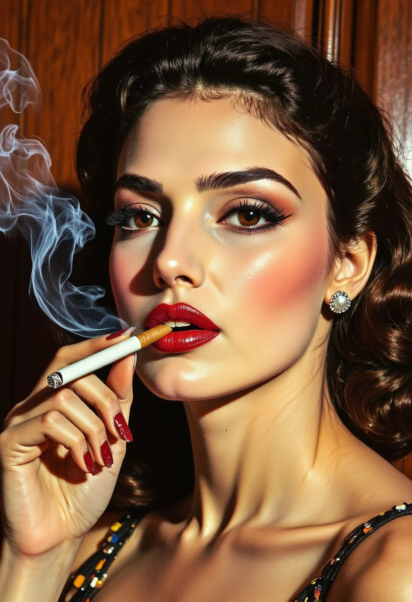 A dramatic close-up portrait of a sophisticated woman in the style of a 1950s tobacco advertisement, shot with warm sepia tones and subtle vignetting around the edges. Her face occupies most of the frame, featuring bold vintage makeup with perfectly arched eyebrows, dramatic winged eyeliner, and rich cherry-red lips carefully applied in the classic cupid's bow shape. Her hair is styled in elegant finger waves or victory rolls, glossy and immaculate. She gazes directly at the viewer with a knowing, confident expression - simultaneously alluring and authoritative. Delicate wisps of tobacco smoke curl artfully around her features, creating graceful arabesques that frame her face. The lighting is classic Hollywood glamour - soft yet dramatically highlighting her cheekbones and the elegant line of her neck. Between her manicured fingers, she holds a cigarette with casual elegance, poised near her lips but not quite touching them. Her jewelry is understated but expensive-looking - perhaps pearl earrings or a simple diamond. The background suggests a sophisticated setting - perhaps the rich wood paneling of an exclusive club or the velvet drapery of a high-end establishment. The composition evokes the glamorous mystique of smoking from an era before health concerns, when tobacco was associated with sophistication, independence, and allure. 80s vintage pulp sci-fi magazine cover, aidmaHyperrealism