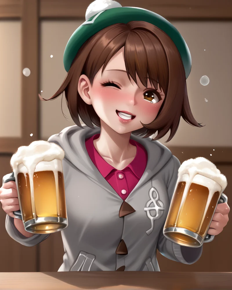 gloria (pokemon), wink, holding beer, drunk<lora:Niro_style_FORPONY:1>