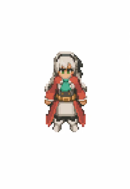 masterpiece, best quality, solo, 1girl, <lora:FFT-Sprites-illus_Fp:1>, looking at viewer, straight-on, full body, standing, solid oval eyes, no mouth, no nose, pixel art, simple background, white background, <lora:elie-illu-nvwls-v1:1>, zrelie, grey hair, long hair, half updo, green eyes, black hairband, hair ribbon, white and red uniform, white dress, aqua ascot, brown belt, black pantyhose, white boots