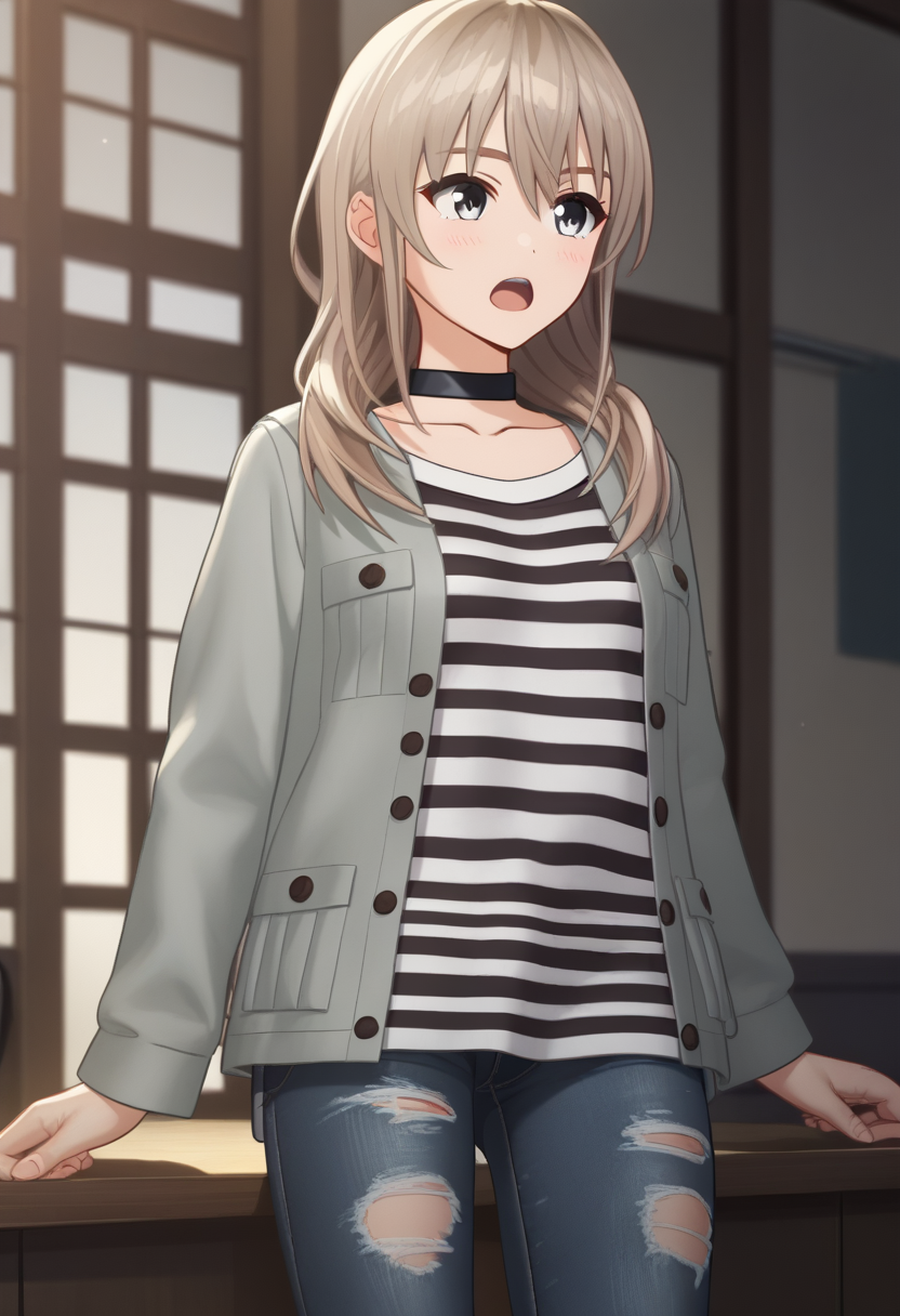 score_9,score_8_up,score_7_up,<lora:kawaragi_momoka_pony:1>,3d, kawaragi_momoka, 1girl, solo, striped_clothes, striped_shirt, long_hair, grey_eyes, open_mouth, torn_pants, long_sleeves, open_jacket, brown_hair, black_choker, jeans, indoors, cowboy_shot, standing, hair_between_eyes