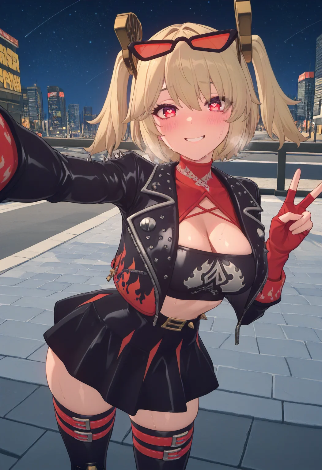 masterpiece, best quality, amazing quality, very aesthetic, absurdres, newest, scenery, volumetric lighting, perfect eyes, ultra detailed,
1girl, Burnice White, solo, blonde hair, twin ponytails, hair ornaments, sunglasses on head, eyelashes, red eyes,
red top, black crop top, leather jacket, spikes, flame stamp, black skirt, thighs, thigh highs, knee pads,
looking at viewer, nervous grin, shy smile, blush, sweating, unfocused eyes, heart pupils, visible breath, peace sign, face closeup, selfie,
city background, night sky, stars, beautiful scene, detailed background,
<lora:Burnice_-_Zenless_Zone_Zero_ZZZ__Illustrious:1>
masterpiece, best quality, amazing quality, very aesthetic, absurdres, newest, scenery, volumetric lighting, perfect eyes, ultra detailed,