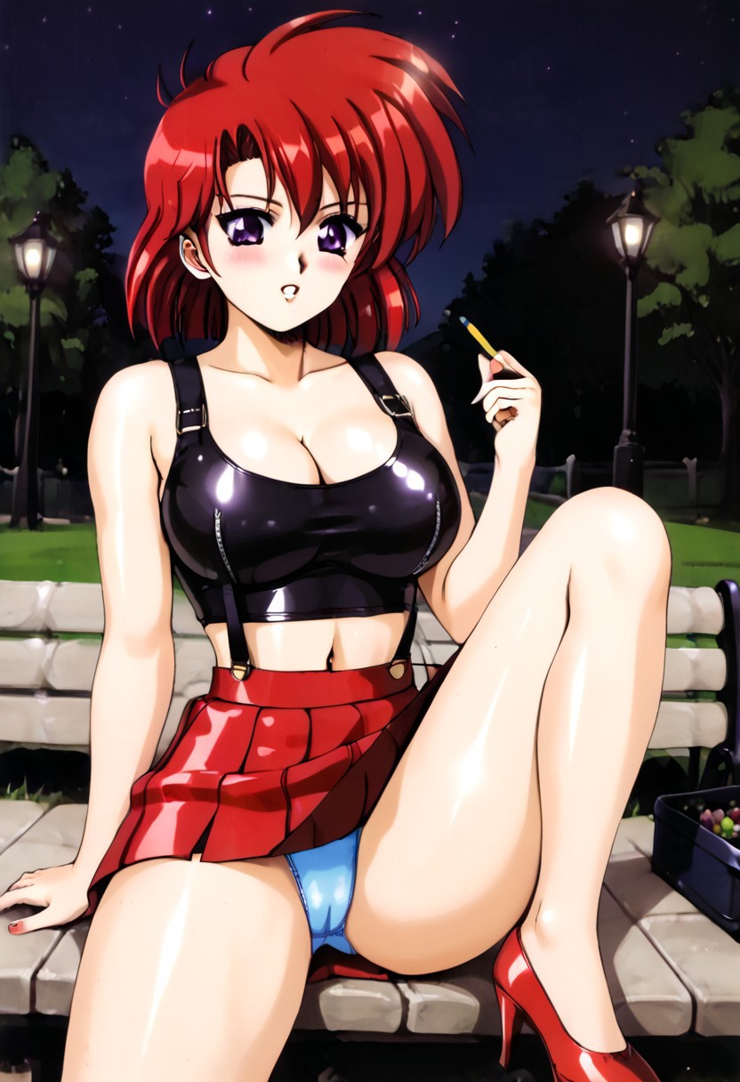 detailed hands, bottom view, good quality image, ultra detailed image, Eva, blushing, embarrassed, red hair, purple eyes, short hair, single, parted lips, big breasts, cleavage, thighs, belly button, shiny clothes, latex, skirt, cleavage, suspenders, red skirt, pencil skirt, midriff, crop top, red and black latex skirt, red and black latex top, red heels, high heels, sitting on bench, narrowed legs, visible panties, light blue satin panties, outdoors, park background, night, incandescent light fixture, street food business light, sakura trees, stone path, grass