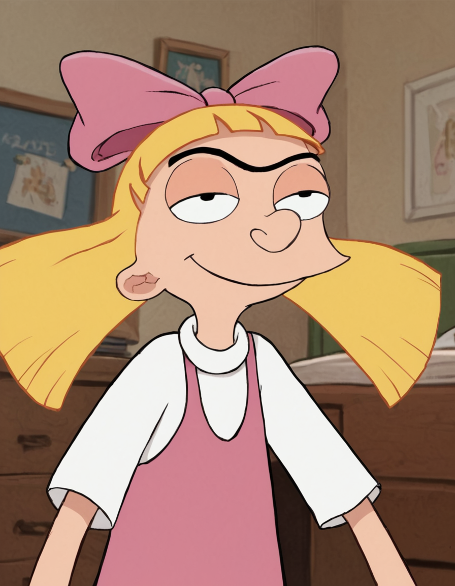 score_9_up, score_8_up, score_7_up, score_6_up, score_5_up, score_4_up BREAK helga g pataki (hey arnold), blonde hair, bow, hair bow, pink bow, bangs, blunt bangs, pink dress, white shirt, bedroom, seductive smile