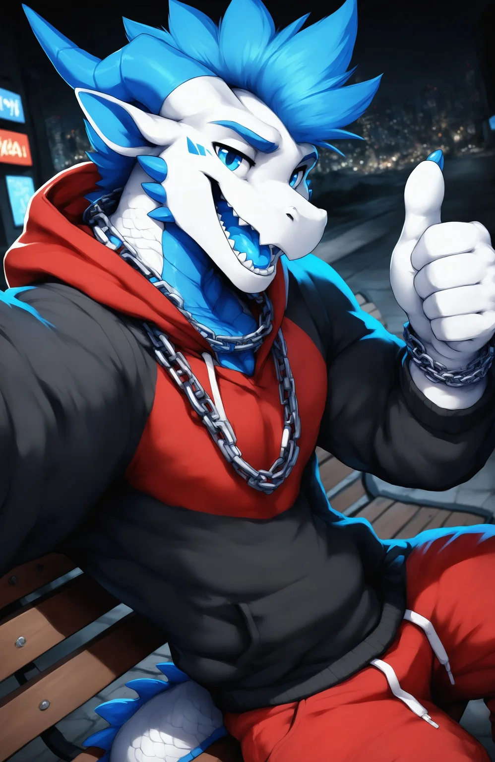 selfie, (side view:0.7), high-angle view, 
city background, night sky, city lights, alley, 
solo, anthro, dragon, male, scales, adzy, muscular, (big muscles:0.4), slim male, 
two tone body, white body, white scales, blue scales, blue tongue, 
two tone hoodie, black hoodie, red hoodie, red top hoodie, oversized hoodie, red pants, chain around neck, chain bracelet, 
sitting, sitting on bench, thumbs up, looking at viewer, open smile, 
BREAK masterpiece, high quality, hi res, absurd res, dramatic lighting, 
[obsceneeighteensfm, bleats, angel lazzu, (null-ghost:0.7), darknaigart, miramint::0.2],
BREAK [<lora:Adzy-NoobAI-V2:0.9>::0.3]