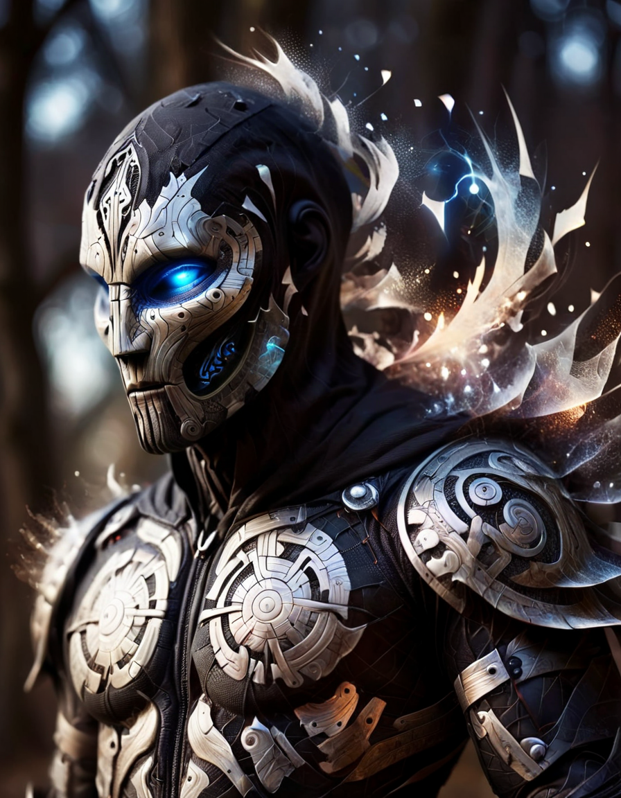 A dark ghostly male silhouette. Messenger of Gaa. Cracked skin. light armor. Cracked armor. Canvas hood. Runic circle. Elements. Power from inside. Glowing eyes. Bokeh blur <lora:ral-dstgrtptrn-sdxl:1> made out of ral-dstgrtptrn