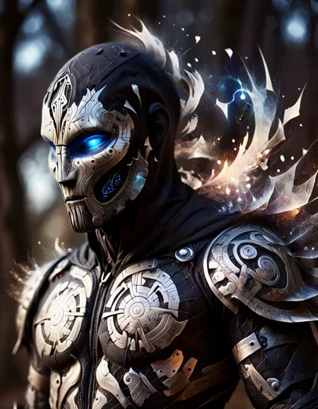 A dark ghostly male silhouette. Messenger of Gaa. Cracked skin. light armor. Cracked armor. Canvas hood. Runic circle. Elements. Power from inside. Glowing eyes. Bokeh blur <lora:ral-dstgrtptrn-sdxl:1> made out of ral-dstgrtptrn