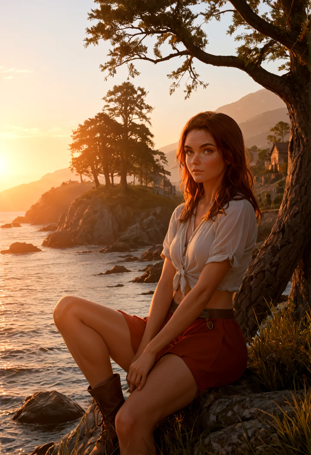 (photorealism:1.5)
female adventurer, sitting on a rock, sword resting by her side, reflective expression, gazing at the majestic tree, calm coastal village in the background, soft lighting, vibrant colors, high contrast, hyper-realistic, serene pose, detailed, high-definition, peaceful mood, contemplative atmosphere
slight freckles, long eyelashes, thick eyebrows, raise knee
<lora:polyhedron_golden_hour_000006:1> golden hour, sunset, sunrise