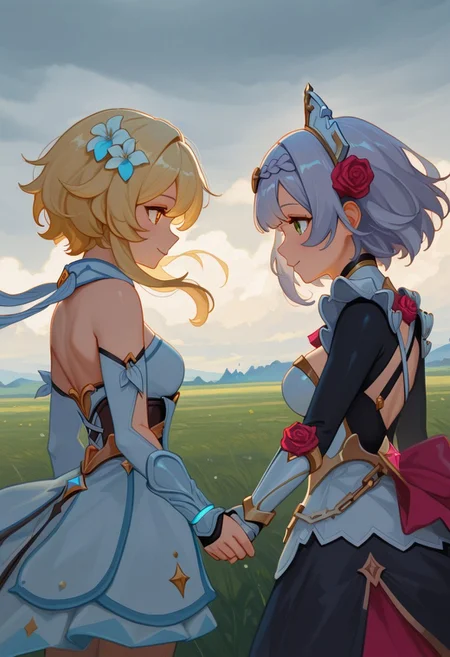 2girls, lumine \(genshin impact\), noelle \(genshin impact\), yuri, couple, smile, holding hands, looking at another, floating clothes, outdoors, field, wind, cloudy sky, (from side, upper body:0.6), impasto, painting \(medium\), masterpiece, best quality, good quality