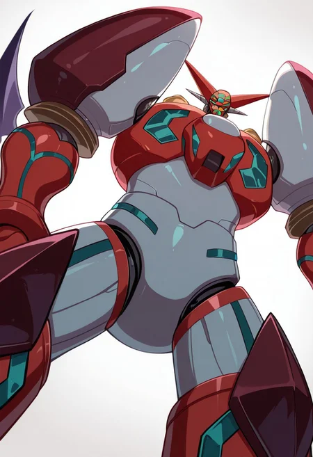 score_9, score_8_up, score_7_up, score_6_up, score_5_up, score_4_up, 4k quality, highly detailed, (shin getter, super robot, mecha), (no humans:1.1), best quality, masterpiece, simple background, (from below, looking down:1.3)