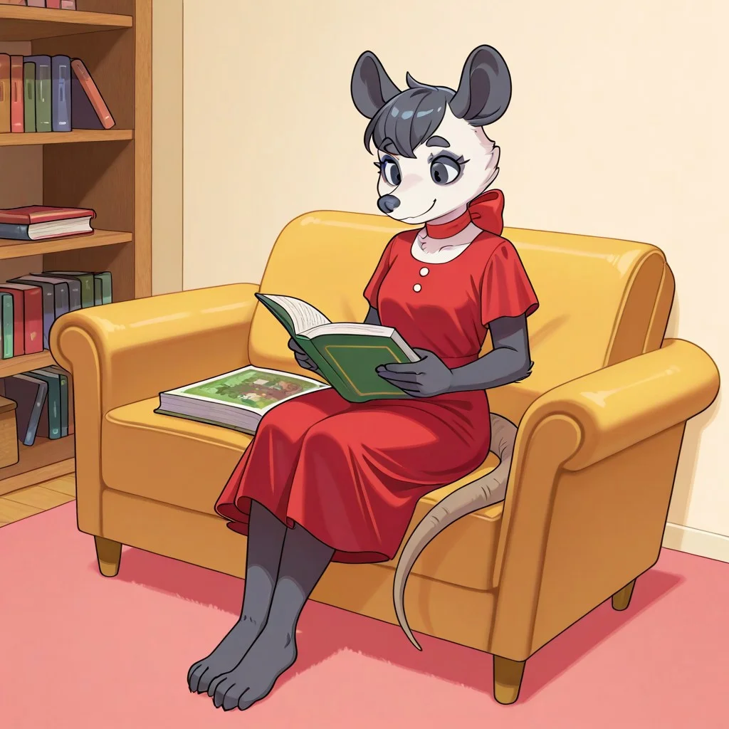 Lily(PP), Solo, 1girl, anthro, female furry, Possum, virginia opossum, white and black fur, black hair, short hair, black eyes, black ears, black nose, possum tail, full body, red dress, red neckbow, smile, sitting on couch, reading book, large book, Living room background,