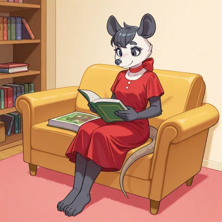 Lily(PP), Solo, 1girl, anthro, female furry, Possum, virginia opossum, white and black fur, black hair, short hair, black eyes, black ears, black nose, possum tail, full body, red dress, red neckbow, smile, sitting on couch, reading book, large book, Living room background,
