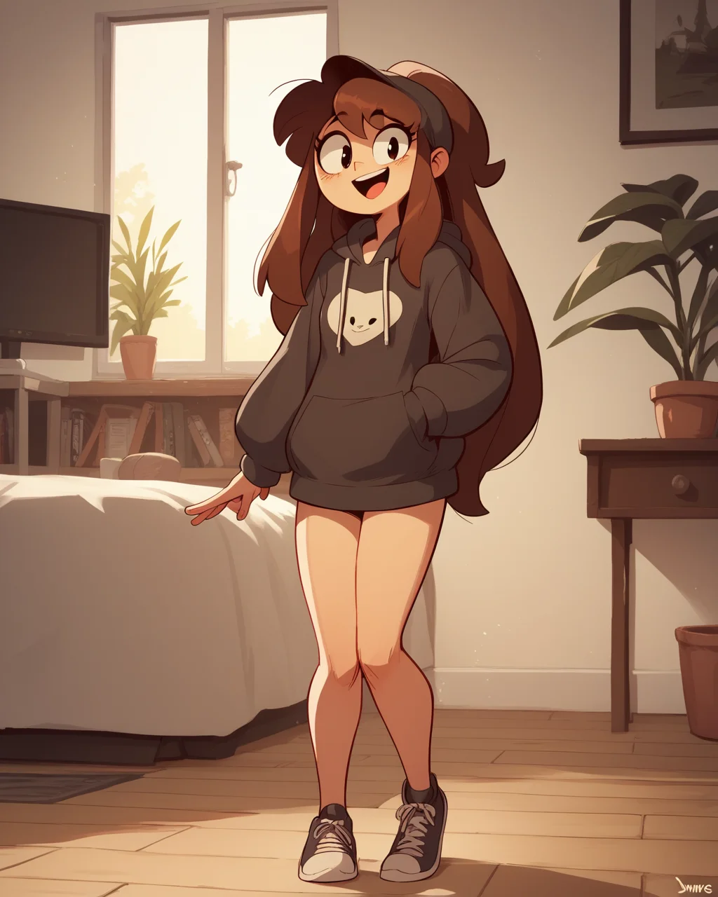 score_9, score_8_up, 1girl, brown hair, long hair, straight hair, hoodie, happy, full body, indoors, human proportions, looking at viewer, by diives, <lora:Diives_PDXL:1>