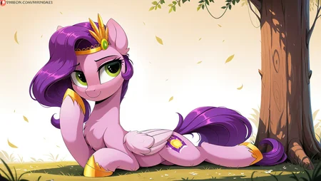 resolution,masterpiece,high resolution,my little pony,friendship is magic resolution,masterpiece,high resolution,solo,wild,pony,woman, <lora:Pipp_Petals:1> pipp petals,PONY, PEGASUS, pink fur, purple hair, green eyes, white wings, gilded hooves, golden tiara, sits leaning back against a tree,