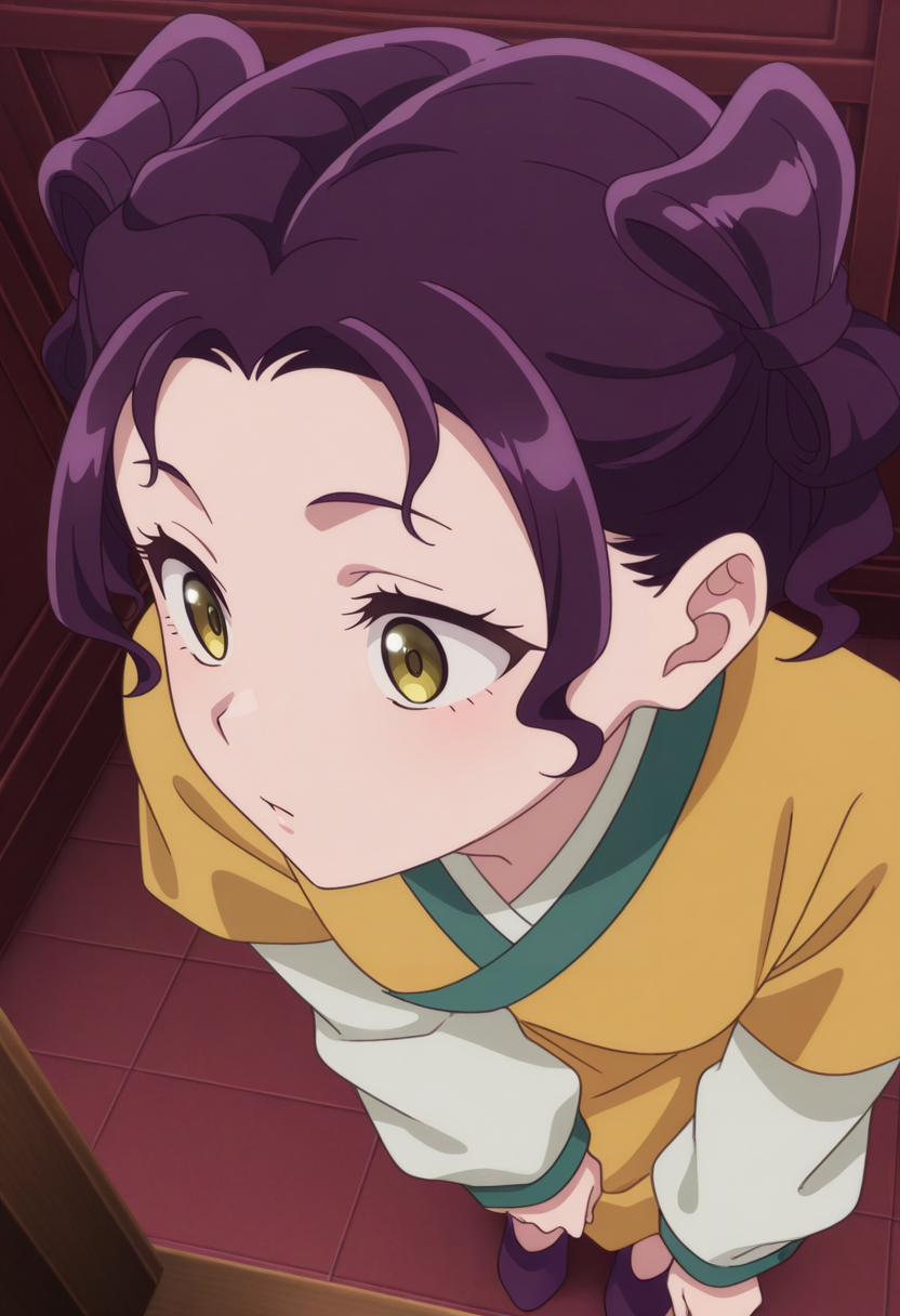 newest, masterpiece, best quality, 4k,
indoors, very aesthetic, detailed background, face focus, dutch angle,
1girl, solo,   <lora:Shisui:1> shusu1, purple hair, short hair, hair bun, double bun, , yellow eyes, Chinese clothes,layered sleeves, short over long sleeves,yellow hanfu,purple footwear,