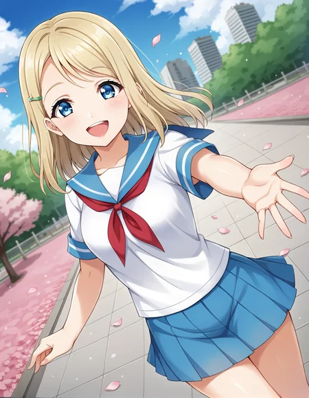 score_9, score_8_up, score_7_up, source_anime, rating_safe, BREAK <lora:alisaAyaseXL_LoRA-C3Lier_AdamW_Dim8_Alpha8_UN-3e-4_TE-1.5e-4_10batch_ponyDiffusionV6XL_v6StartWithThisOne:1>, ayase alisa, 1girl, blue eyes, blonde hair, long hair, hairclip, serafuku, white shirt, short sleeves, red neckerchief, pleated skirt, blue skirt, looking at viewer, standing, smile, happy, open mouth, reaching towards viewer, cherry blossoms, park, falling petals, petals, looking at viewer, facing viewer, dutch angle, blue sky, cloud, city, cityscape