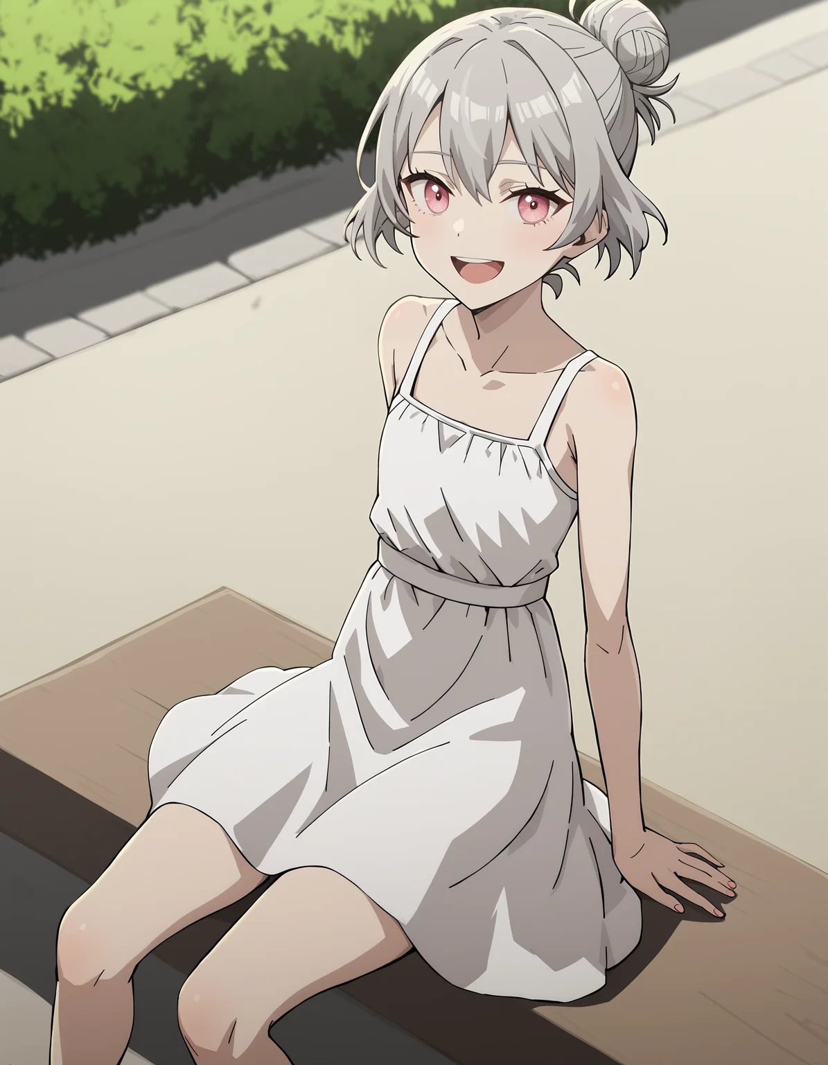 score_9,score_8_up,score_7_up,sundress,looking at viewer,
<lora:duominixi_pony:0.7>,duominixi,1girl,solo,grey hair,hair bun,short hair,pink eyes,jewelry,thighs,flat chest,<lora:Anime_Screencap:1>,anime screencap,leaning_back,road,smile,;d,open mouth,sitting,hair_tucking,cinematic_angle,