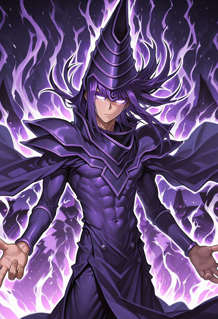 score_9,score_8_up,score_7_up,<lora:darkmagician_dataset_01_v11>,dkmgcn,1boy,solo,purple hair,purple eyes,neutral expression,magician robe,duel_monsters,cinematic,three quarters angle,<lora:IL_Phonk_album_cover_v1.0:0.7>,phnk,glowing eyes,aura,silhouette,floating hair,blank eyes,toned body,abs,