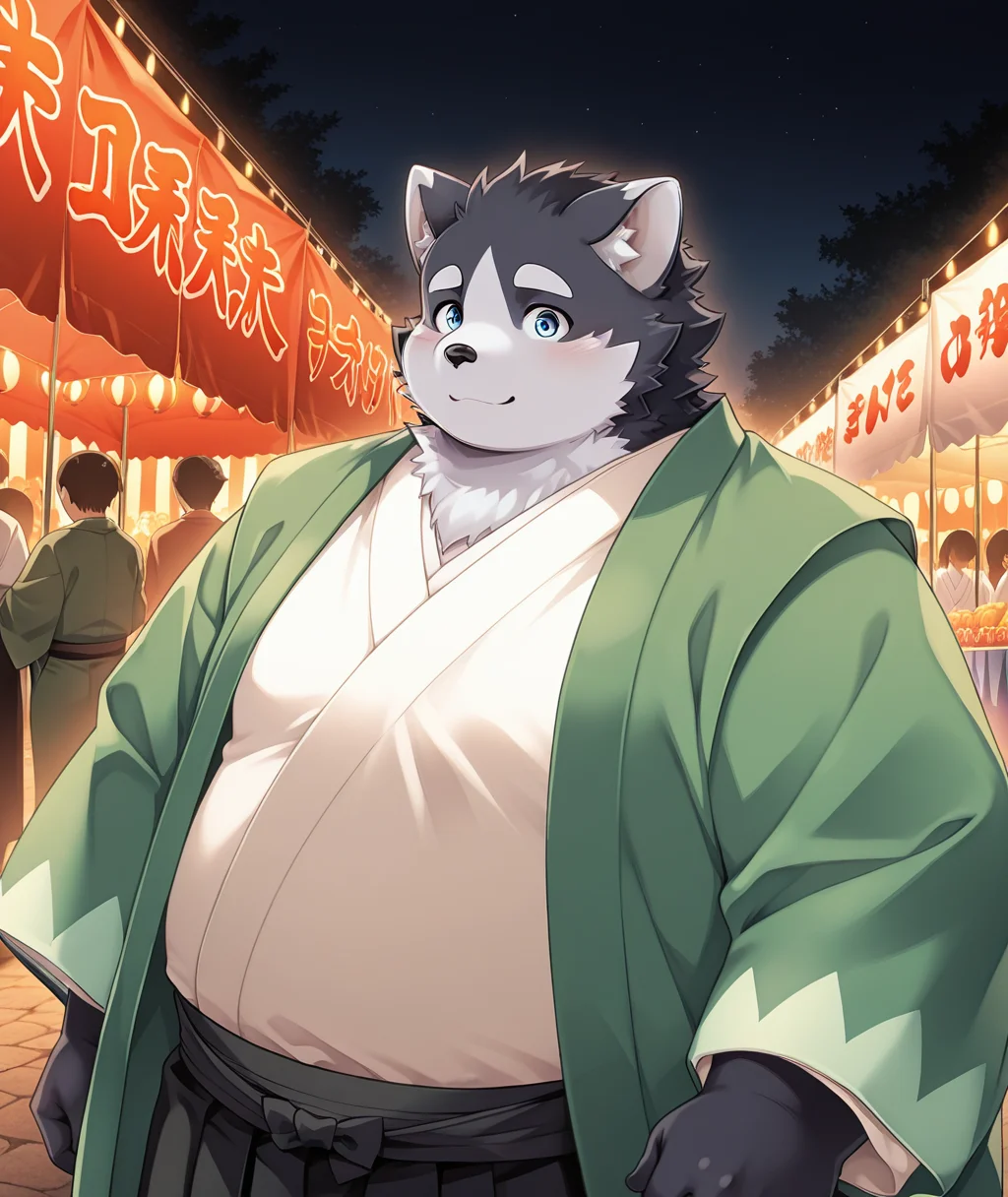 masterpiece, best quality, colorful, high quality, cinematic ambiance, <lora:t-harima-v2-10:0.95> t-harima, dog boy, 1boy, chubby, japanese clothes, green haori, white kosode, black waist_sash, upper body, carnival, festival, dark, night, solo focus, dynamic angle,