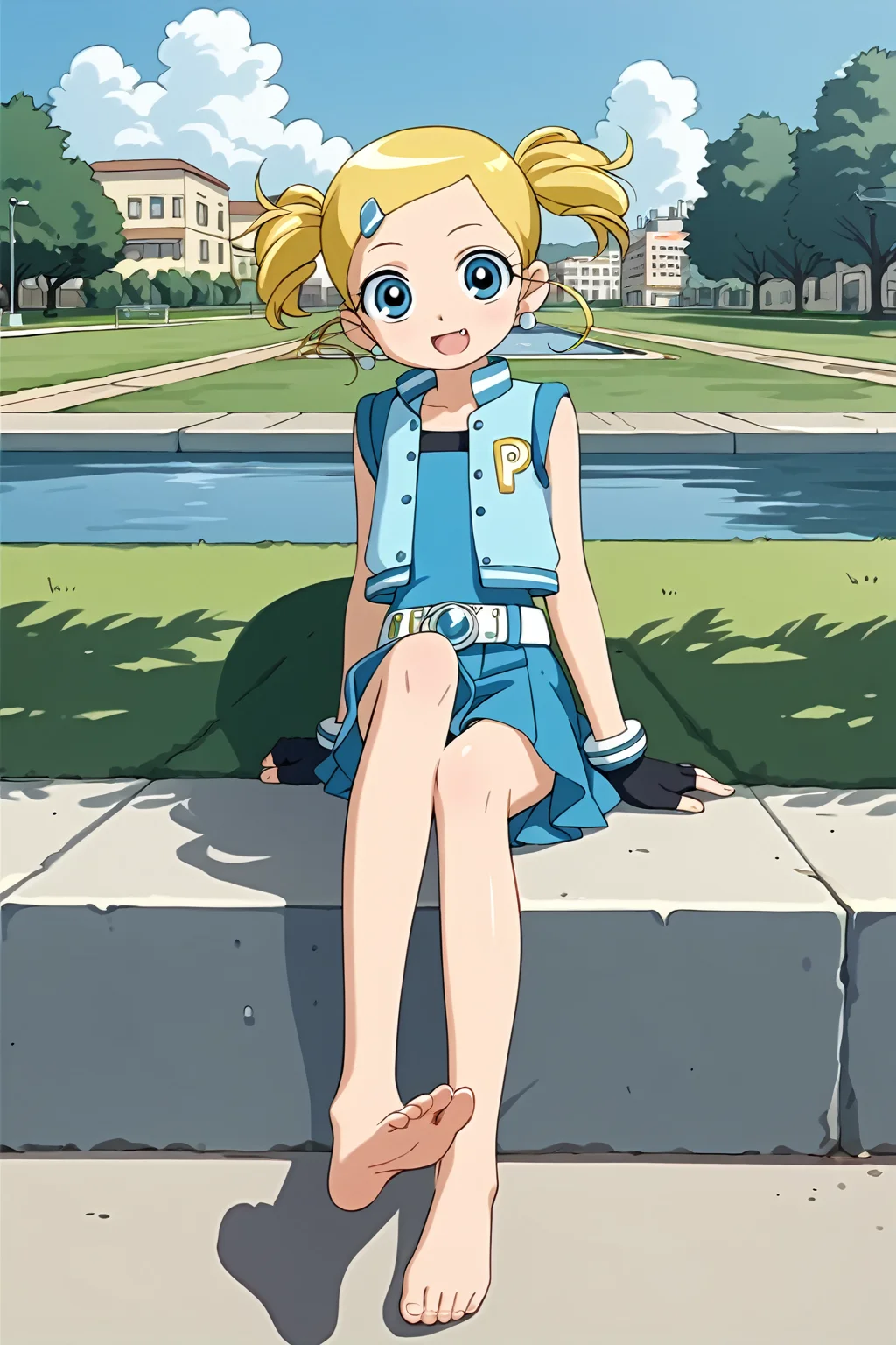 score_9, score_8_up, score_7_up, BREAK source_anime,masterpiece, best quality, highly detailed,absurdres, anime,highres,8k, shadow,uncensored,
, outdoors, simple background,   theme park,
, cowboy shot, sitting,full body,  1girl, pure smile, fang,
, presenting self, looking at viewer,  soles, focus legs,
 , <lora:Miyako:0.8>,miyako transformation, blue skirt,vest,glove,earrings,blonde, <lora:StS_detail_slider_v1:2.0>