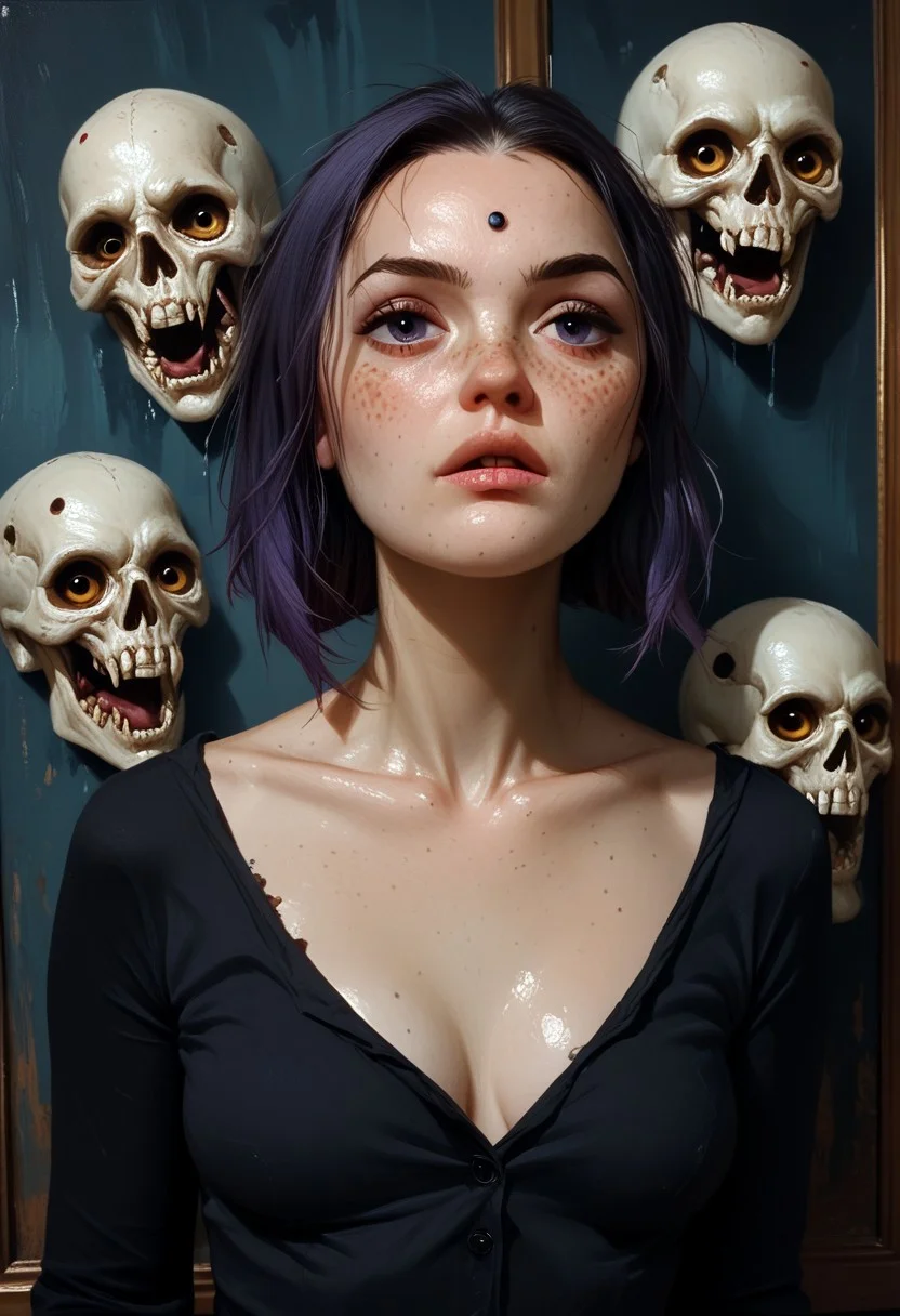 score_9, score_8_up, score_7_up oil painting of a freckled woman Raven DC around her are seven skulls dreams ,shes looking panicked like a bad dream