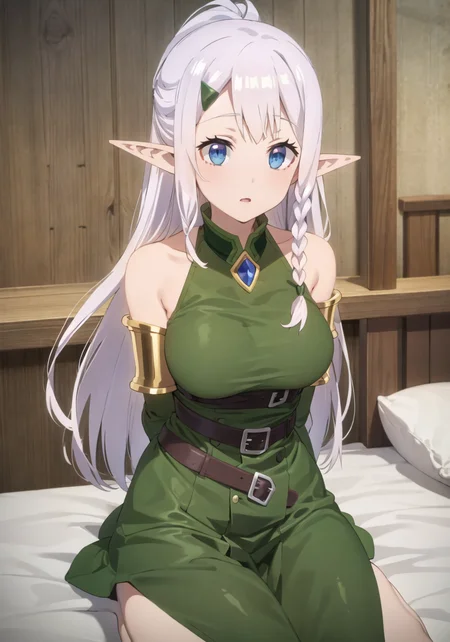 masterpiece, best quality, 1 girl, large breasts, bed, <lora:riaIsekaiNonbiri_v10:0.8>, ria, elf, blue eyes, pointy ears, long hair, hair ornament, braid, hairclip, green dress, side braid, very long hair, bangs