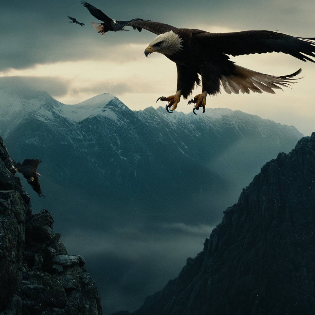 cinematic film still of  <lora:The Lord of the Rings style v2:1>
In a Fantasy Middle-earth world in the dark ages Great Eagles a flock of huge Eagles flying over a mountain,outdoors,sky,cloud,no humans,bird,animal,scenery,flying,mountain,crow,fog,flock , dramatic light, dramatic shadow light, film contrast, cinematic film color, cinematic film look, filmic, realistic, realism, perfection, perfect, movie still, fantasy drama, epic drama, fictional, Age of Wonders, Age of Empires, warriors,  Medieval style, middle ages, dungeons and dragons style, different people, different, unique, kingdoms and castles, violent, aggressive, detailed, perfection, detailed face, detailed body, detailed hands, detailed eyes, sharp, horror themed, dark themed, epic fantasy adventure film style, Legendary, mythical, The Lord of the Rings style, shallow depth of field, vignette, highly detailed, high budget, bokeh, cinemascope, moody, epic, gorgeous, film grain, grainy