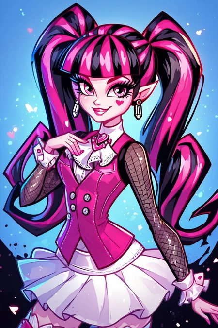 score_9, score_8_up, score_8, medium breasts, (curvy), cute, eyelashes, BREAK, , zzDraculaura, solo, twintails, multiclored hair, pink hair, black hair, pink eyes, pointy ears, earrings, fishnet sleeves, frilled sleeves, long sleeves, blunt bangs, monster high, pink vest, white skirt, pink knee boots, <lora:Draculaura_MH_PDXL_v5:1.0>, , BREAK, embedding:zPDXL, Expressiveh, ,,, <lora:EnergyCAT:1.0>, solo, smile, looking at viewer, aura, blue sky, ,,, <lora:SDXLFaeTastic2400:0.5>, <lora:Expressive_H-000001:0.4>,