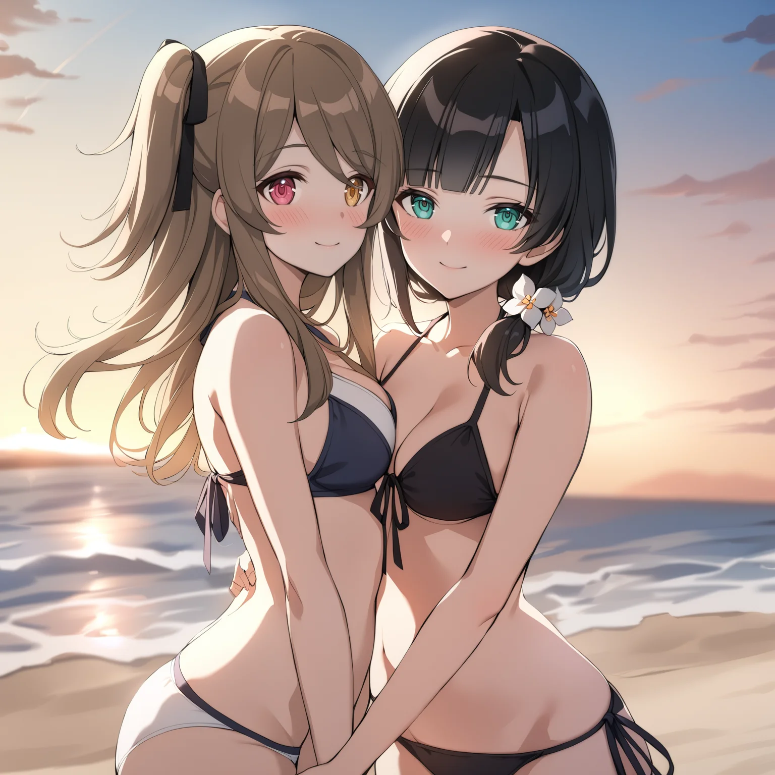 [high quality, best quality], [cinematic], 2girls, yuri, summer, sunset, twilight, [bloom, hdr], <lora:hitotsuyanagi:0.72>
2girls, shenlin, string bikini, heterochromia, looking at viewer, smile, blush, beach
2girls, yujia, string bikini, looking at viewer, smile, blush, beach