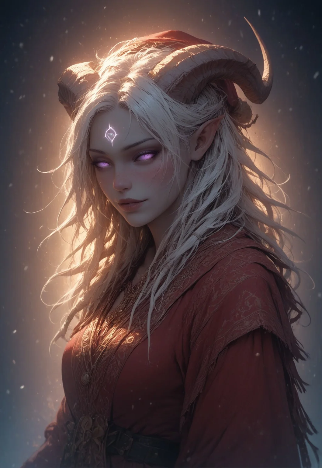 (absurdres, best quality, masterpiece:1.4), score_9, score_8_up, score_7_up, score_6_up, detailed, detailed body, detailed face, world of warcraft, fantasy, <lora:add-detail-xl:1.5>,
fFaceDetail, ((female, draenei, tall, athletic arms, pale white skin, long white hair, purple eyes, no sclera, long white tail), (h0rns, ram horns, white horns),
(long fingers, gold fingernails, gold nail polish)),
alone, upper body, standing, looking toward viewer, soft smile,
Red santa dress with a white fur trim, red santa hat with a white fur trim, black belt with a gold buckle, black knee high boots, White thigh high socks
depth of field, evening, outdoor, harbour, snowing, light snow