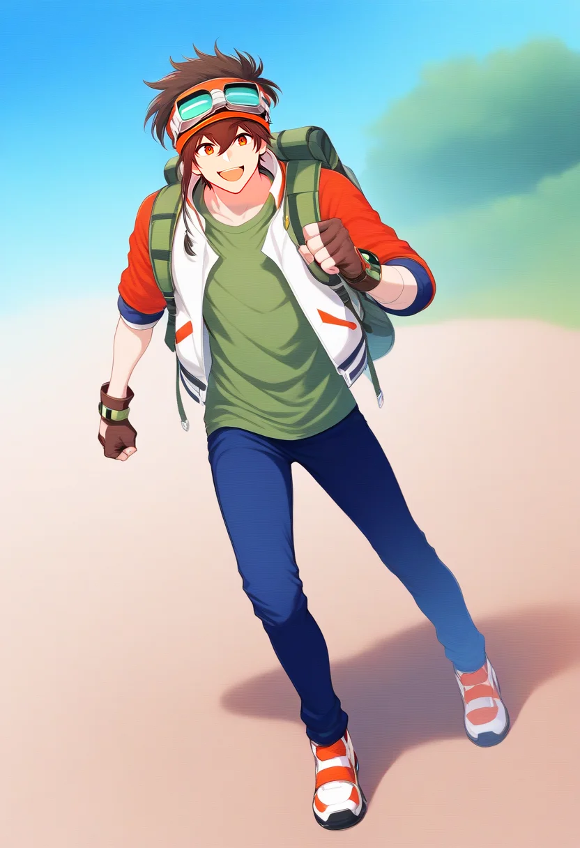 <lora:Sawyer_Tomura:1>,sawyer tomura,1boy,goggles,gloves,male focus,fingerless gloves,solo,backpack,bag,goggles on head,smile,sneakers,shoes,open mouth,pants,clenched hands,open clothes,open jacket,shirt,standing,outdoors,green shirt,:d,brown gloves,full body,white-orange raglan sleeves jacket,white-orange footwear,wristwatch,headband,masterpiece,high score,great score,absurdres,