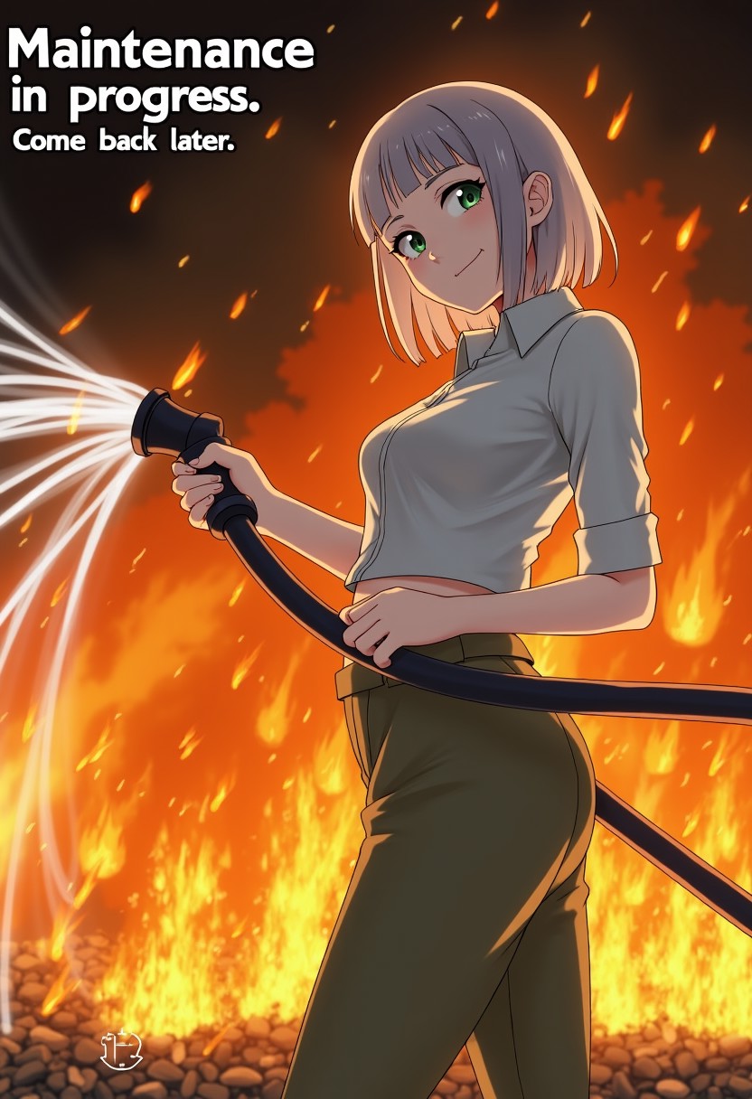 beautiful woman with gray hair, bangs, standing in front of an inferno, wearing a shirt and pants, looking at the viewer, she is smiling and holding a water hose in her hand, she sprays water on the flames, text above her reads "Maintenance in progress. Come back later." (score_9, score_8_up, score_7_up, score_6_up, score_5_up, score_4_up, high res, 4k)