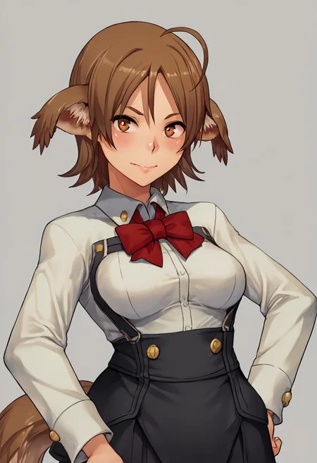 score_9, score_8_up, score_7_up, score_6_up, score_5_up, score_4_up, BREAK, <lora:cmarket0826-sdxl-000028:1>, noa riads, 1girl, solo, breasts, blush, smile, short hair, simple background, brown hair, long sleeves, fluffy tail, ahoge, animal ears, dog ears, medium breasts, swept bangs
shiny skin, school uniform, red bowtie, white shirt, black skirt, hands on hips, frown, blush, looking at viewer,
upper body, Eye focus
upper body