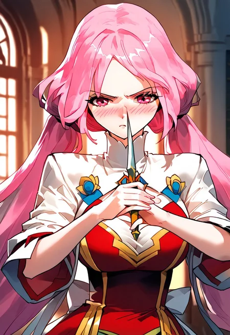 score_9,score_8_up,score_7_up,score_6_up,
source_anime, (best quality), (masterpiece), (extremely detailed), (finely detailed), (detailed face, perfect face, perfect eyes, beautiful detailed shading), (perfect hands), (full colors), blush,
BREAK,
cowboy shot, upper body,
1girl, solo, 纳兰嫣然, pink hair, twintails, long hair, pink eyes, large breasts, holding a sword, action pose