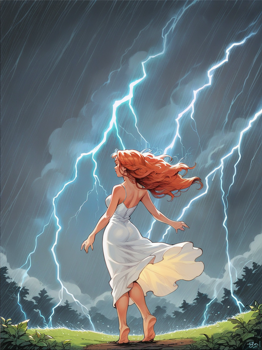 score_9, score_8_up, score_7_up, score_6_up, score_5_up,  <lora:BuddR00tXLP:0.8> buddr00t, 1girl, long hair, barefoot, storm, lightning, ginger hair, white dress