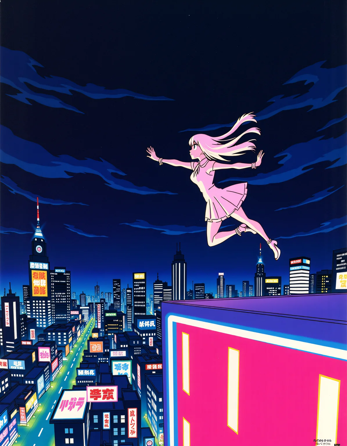 Sushioâs vibrant and exaggerated aesthetics, anime style, A heroine leaping from one neon-lit rooftop to another under a night sky filled with electric city lights, hair streaming behind her as she evades a pursuing figure. <lora:xlranime-sushio:1.0>