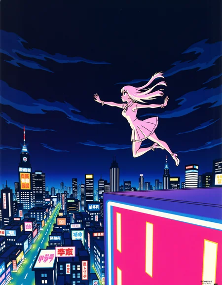 Sushioâs vibrant and exaggerated aesthetics, anime style, A heroine leaping from one neon-lit rooftop to another under a night sky filled with electric city lights, hair streaming behind her as she evades a pursuing figure. <lora:xlranime-sushio:1.0>