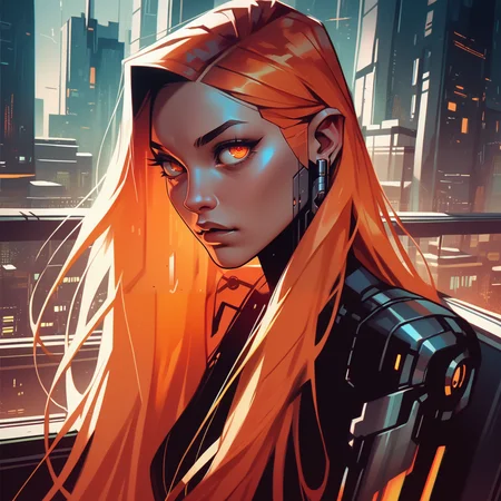 score_9, score_8_up, score_7_up, score_6_up, score_9, score_8_up, score_8, ultra-detailed,  SH_Style, RobVal, 1girl, long hair, cybernetic eyes, orange eyes, futuristic city, saturated colors, <lora:Sheeps_Styles:0.8>