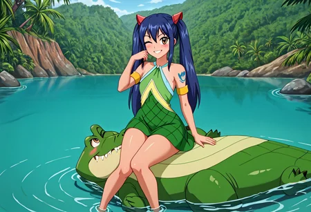 Tick Tock crocodile,fat,giant,male animal, crocodile open large mouth ,green skin, blue eyes, Tick Tock the crocodile is giant and very huge size,teeth,look viewer,Tick Tock the crocodile swimming in the water,belly exposed
,full body,lying on your back in the water,looking at viewer.
high quality, best quality, ultra-detailed, very aesthetic, illustration, perfect composition, intricate details, absurdres, high res image, masterpiece, vibrant colors, beautiful face, detailed face, 1girl, perfect eyes, detailed eyes), female, wendy marvell, long hair, hair ornament, twintails, brown eyes, blue hair,dark skin, thighs, perfect body, narrow-waisted, wide hips, (Wendy_Marvell, bare shoulders, tattoo, armlet, dress, green dress), (blushing, small smile), parted lips,(smile), smug, one eye closed, head on hand,sitting, full body, barefoot, anklet, Wendy is her little size,Wendy is her sitting in the crocodile belly
Palm_trees,jungle, tropical,river,tropical_island,Disney.