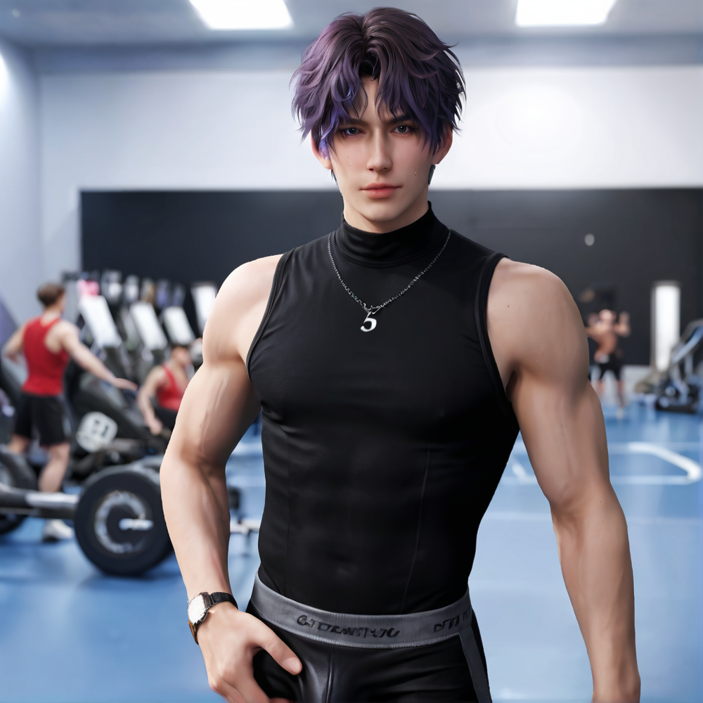 1boy,purple hair,black eyebrows,brown eyes,watch,sportswear,black turtleneck sleeveless,necklace,(black sweatpants:1.1),(bulge:1.5),depth of field,gorgeous background,formal,indoors,looking at viewer,male focus,solo,masterpiece,best quality,high quality,detailed hair,detailed face,detailed skin,realistic,<lora:L&DsRafayel(ZQ)_v1.0:0.5>,