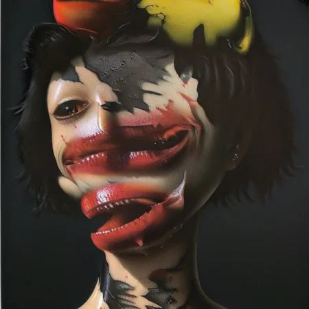 An award winning portrait photograph, a gorgeous busty bombshell brunette woman with teeth growing upon teeth and teeth, black ink facial tattoos, by Rembrandt, gravitational lensing, hoph fibration bundles distortion of features of transparent glass fruit, watermelon, apples, grapes, pears, figs, fern, flowers, flies, snakes, slugs, spiders, Leica M3, strobe flash, 3d stereoscopic color photograph, back lit, optical flow vector resolved Randomly,