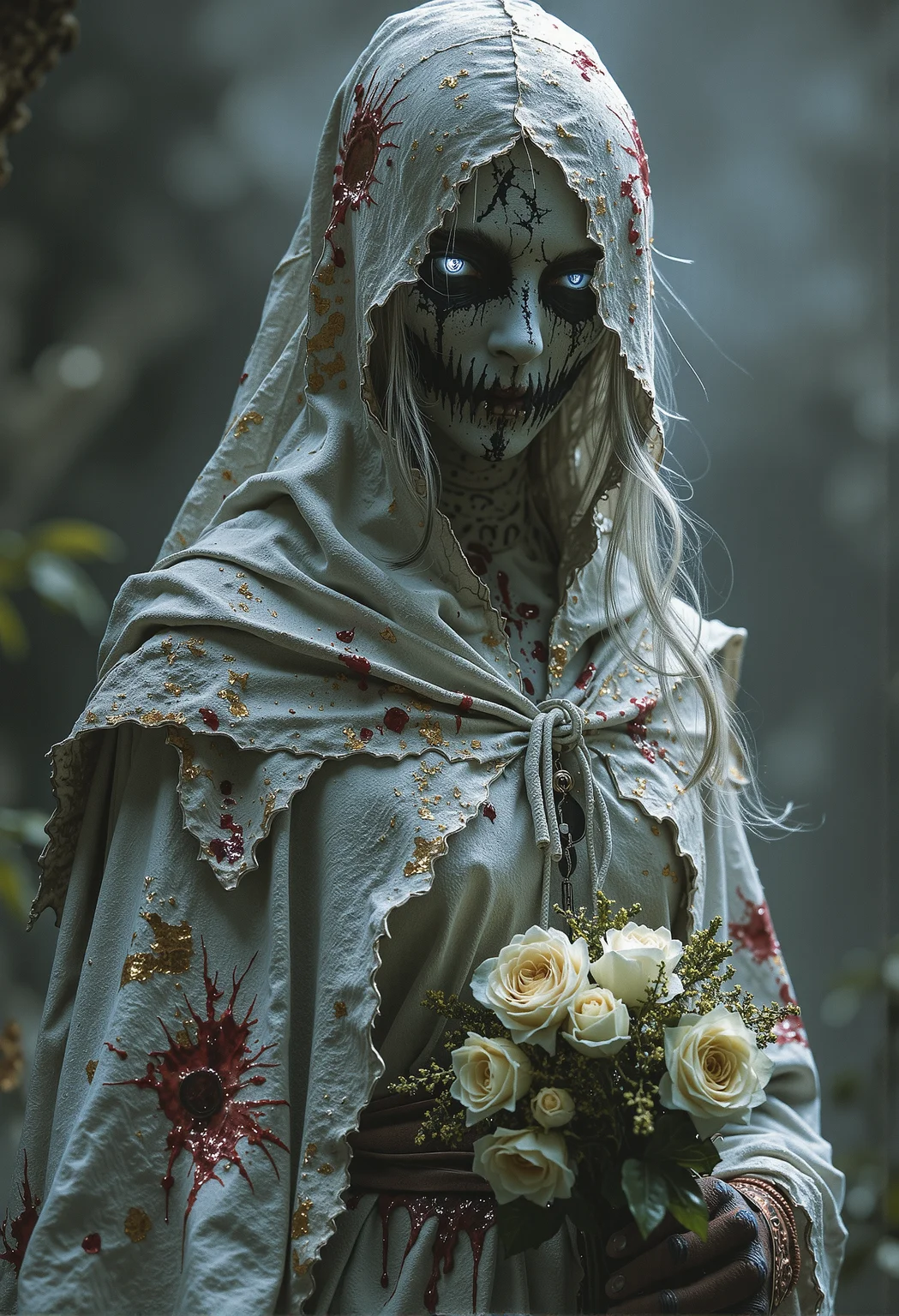 Ghostly bride, torn veil, hollow eyes, withered bouquet, blood-stained dress <lora:Elden_Ring_-_Yoshitaka_Amano.safetensors:1.0>, <lora:black_fantasy.safetensors:0.75>,