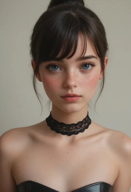 (((score_9), score_8_up), score_7_up), Expressiveh, 21 year old girl, ((freckles)), medium flat chest, cute sweet girl, petite, hourglass figure, pouty lips, Dark cinematography, cinematic lighting, dynamic view,
shy pose, embarrassed, (blushing:1.2), cleavage, lace choker, British, black hair with bangs, ponytail, black leather miniskirt, leather lace up corset,