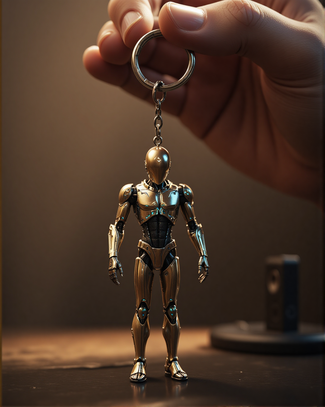 score_9, score_8_up, score_7_up, source_realistic, hyper-realistic details, extrem photorealism, ultra-HD textures, high quality v3, masterpiece, Fantasy detailers,aidmaMJ6.1
A human hand delicately holds a keychain featuring a highly detailed miniature figurine of a bald steampunk cyborg faceless mannequin. The tiny figure is crafted from polished brass and copper, with intricate engravings, joints and tiny glowing energy lines running across its mechanical limbs. The keychain’s metallic ring glistens under the soft ambient light, while the small mannequin dangles, reflecting intricate craftsmanship.  
- The background is blurred, creating a shallow depth of field that enhances the focus on the keychain.  
- Subtle lighting highlights the metallic textures of the figurine and the warm tones of the hand holding it. 
- The figurine's tiny joints and articulated limbs add realism, appearing like a pocket-sized mechanical marvel.  
- A blend of nostalgia and futuristic artistry, transforming a detailed steampunk mannequin into a collectible object.  
- Hyper-detailed rendering of metallic surfaces, reflections, and fine engravings.  
- A cinematic close-up composition, emphasizing craftsmanship and the intricate beauty of small-scale mechanical design.