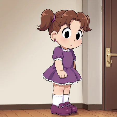 indoors, <lora:DeniseV2:1> denisetdm, 1girl, solo, black eyes, reddish-brown hair, twintails, short twintails, jewelry, earrings, dress, purple dress, short sleeves, whit socks, shoes, purple footwear