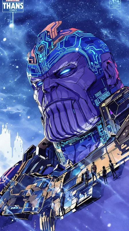 Thanos, urban comics, blue patterns, Marvel, sci-fi, high tech, iconographic, glitchy background, watercolor, ink, fog, interactive, high detail, art style by Clayton Crane + Ross Tran + Rachel Walpole + Jessica LeVay + Dan Wolbert + Simon Stålenhag + Brian Stelfreeze